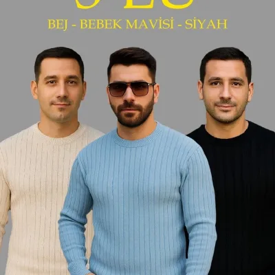 Kişi Bej Qara Körpə Mavisi Qabırğalı Velosiped Yaxalı 3'lü Dəst Sviter 1