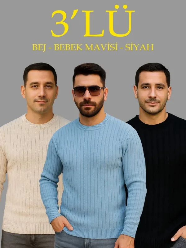Kişi Bej Qara Körpə Mavisi Qabırğalı Velosiped Yaxalı 3'lü Dəst Sviter 1