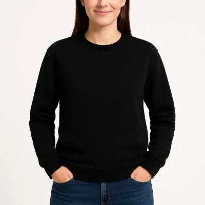 Női Fekete 3 Szálas Pamut Sima Kerékpárnyakú Sweatshirt 2