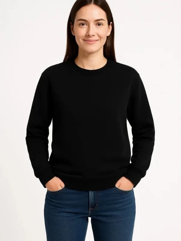 Női Fekete 3 Szálas Pamut Sima Kerékpárnyakú Sweatshirt 2