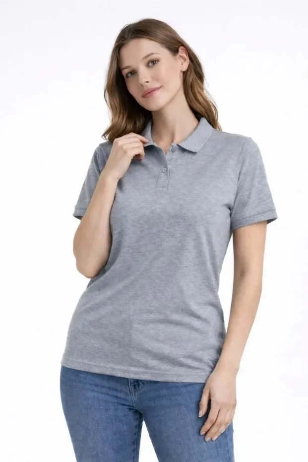 Women's Grey Regular Pique Fabric Short Sleeve Polo Neck T-Shirt 1
