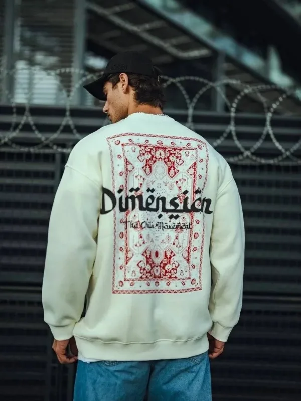 Férfi fehér 3 szálas pamut kerek nyakú nyomott sweatshirt 3