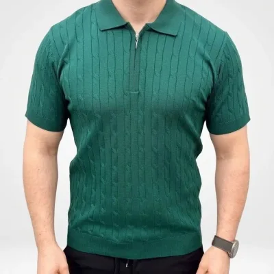 Bluzë polo për meshkuj, kaki, triko me gërsheta, mëngë të shkurtra, me zinxhir 4
