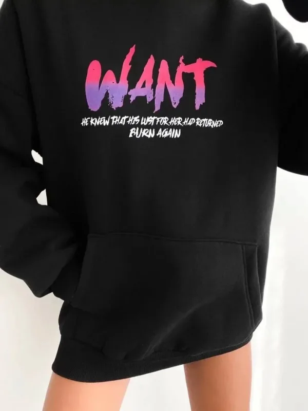 Dámsky čierny oversize kapucňový s vreckom potlačený bavlnený sweatshirt 1