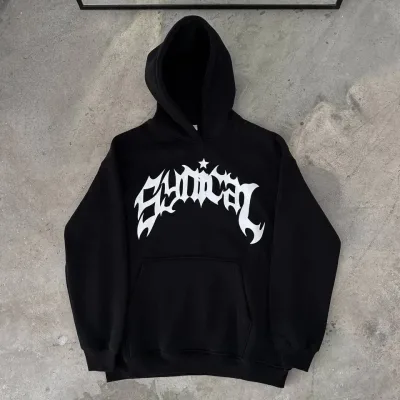 Femea Negru 3 Firă Bumbac Imprimat Buzunar Cangur Hoodie 1