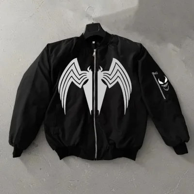 Men's Black Spider Pattern Pocket Bomber Zippered Jacket 2