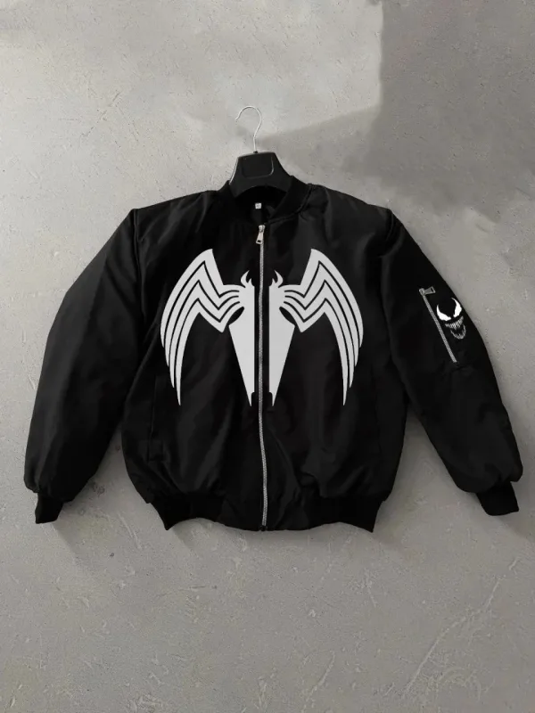 Men's Black Spider Pattern Pocket Bomber Zippered Jacket 2