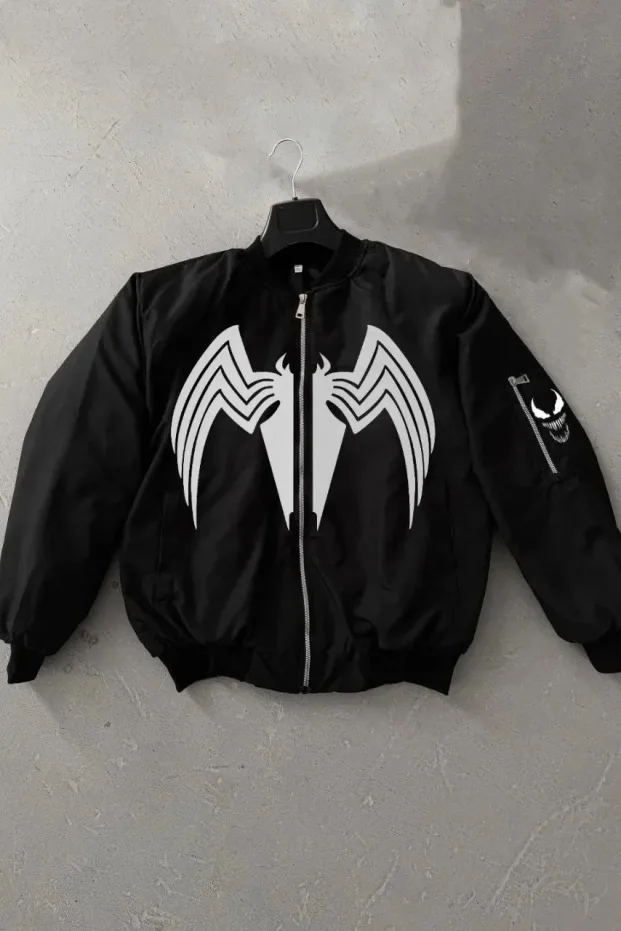 Pánská černá bunda bomber se vzorem pavouka, kapsami, zipem 2