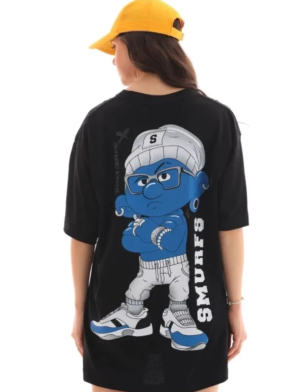 Femeie Tricou Negru Oversize Gât Bicicletă Imprimat 2