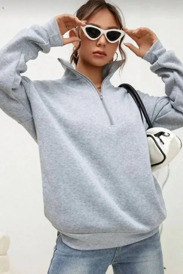 Kadın Gri Yarım Fermuarlı Yüksek Yaka Pamuklu Sweatshirt 2