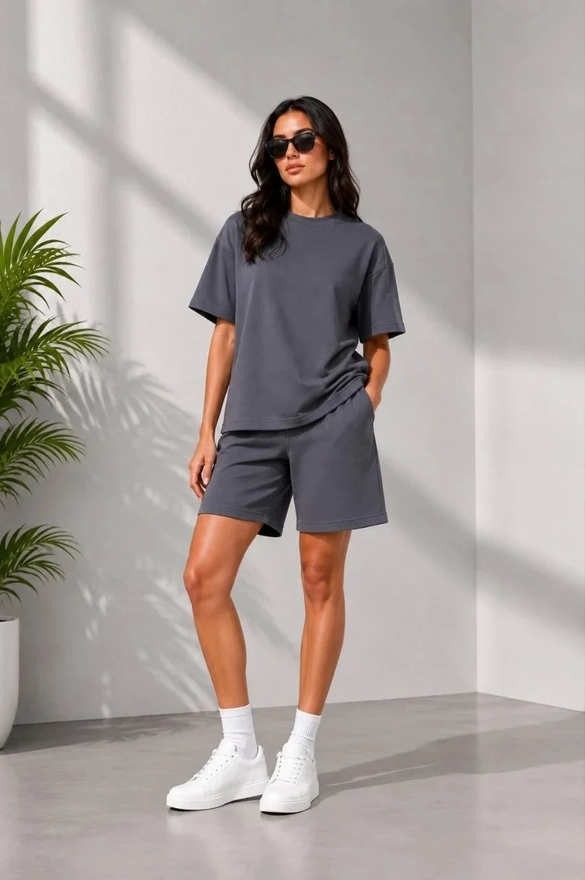 Женски сив oversize мек модален комплет со џебови