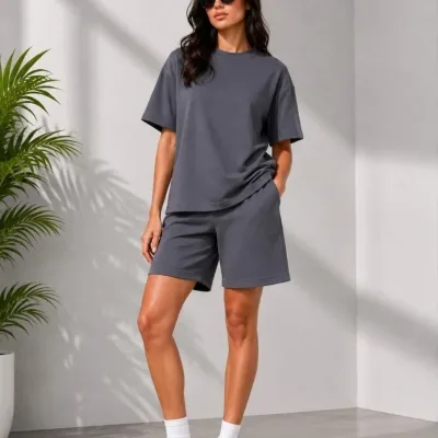 Женски сив oversize мек модален комплет со џебови 1