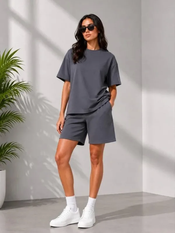Женски сив oversize мек модален комплет со џебови 1