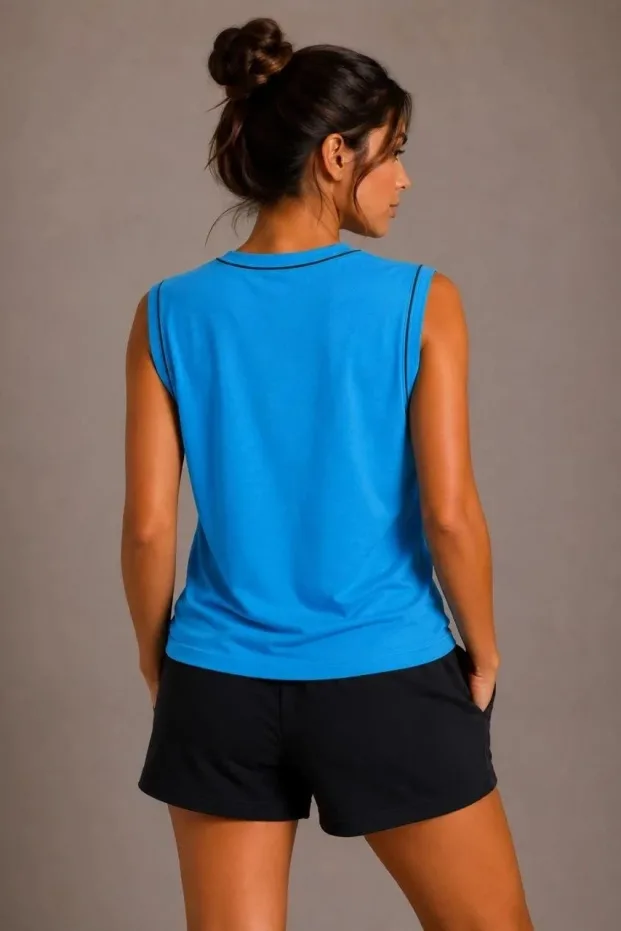 Ženska plava kontrastni obrub biciklistička kragna basic bez rukava atlet 2