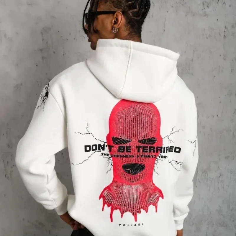 Sweatshirtê Mêran ê Spî Oversize 3 Têl Pembû Çapkirî Bi Kulp