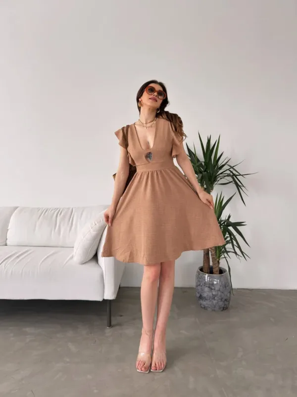 Bust Cutout Flounce Sleeve Dress Beige 3