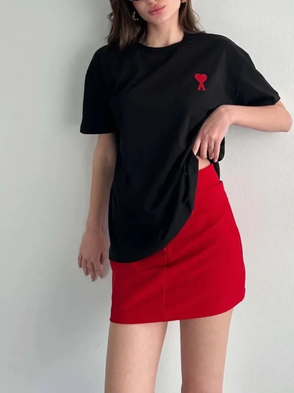 Női fekete oversized biciklinyakas nyomott rövid ujjú póló 3