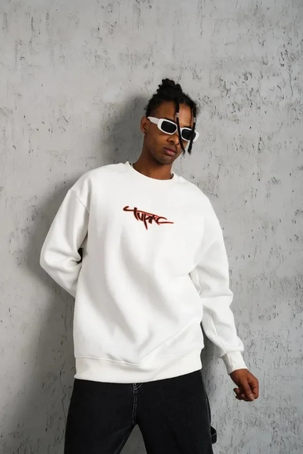 Mêr Spî 3 Têl Pembo Bisîklet Yaka Çapkirî Sweatshirt 1