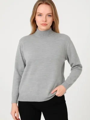 Women Gray Soft Texture Half Turtleneck Cotton Knit Sweater