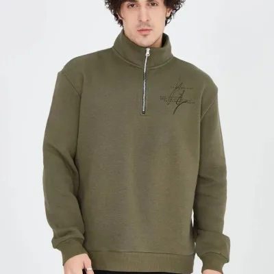Men's Green Half Zip 3-Thread Cotton Printed Sweatshirt 6