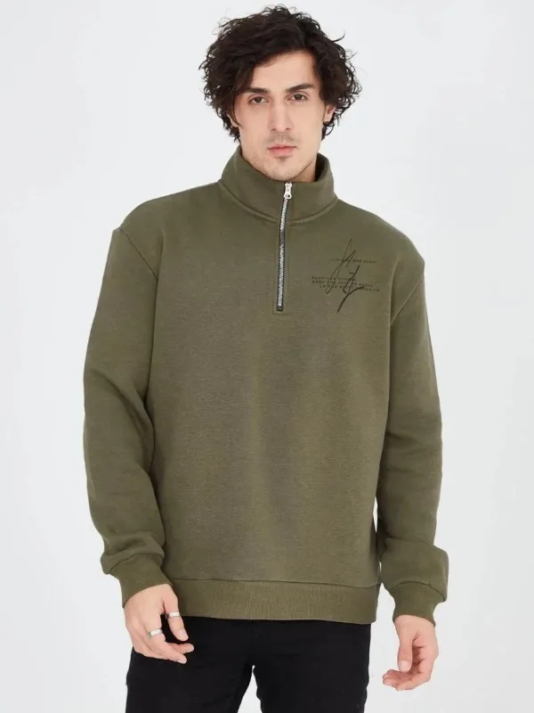 Men's Green Half Zip 3-Thread Cotton Printed Sweatshirt 6
