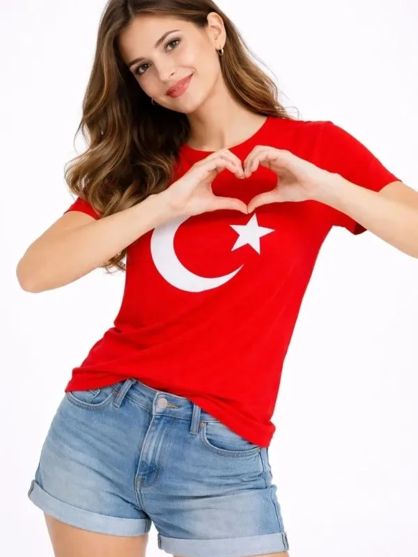 Qadın Qırmızı Velosiped Yaxalı Ay Ulduz Bayraq Çap Köynək 4