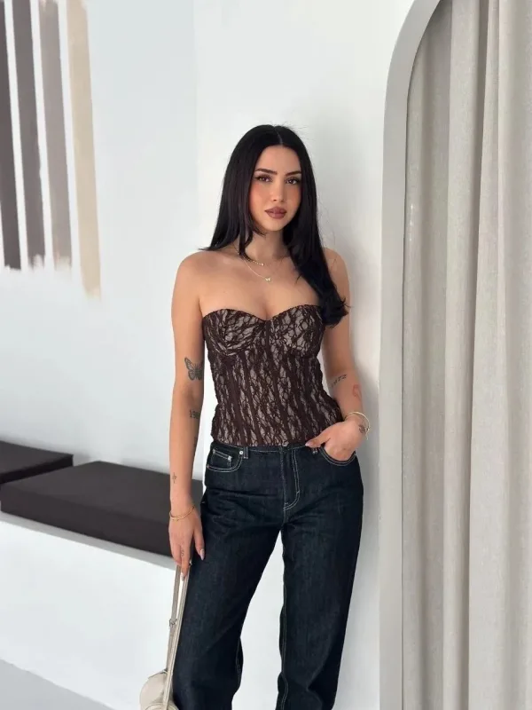 Women's Brown Transparent Lace Corset Strapless Crop Top 3