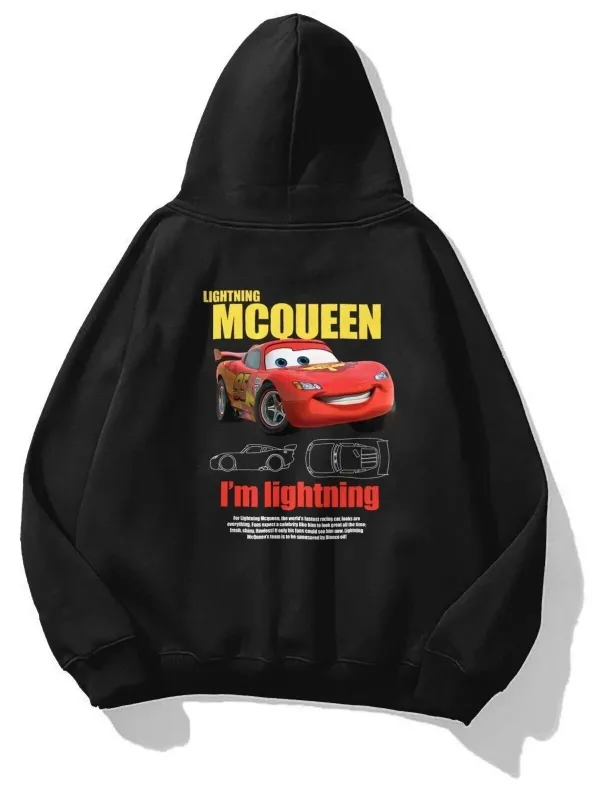 Męski Czarny Oversize Walentynkowy Nadruk Samochód Kaptur Sweatshirt 1