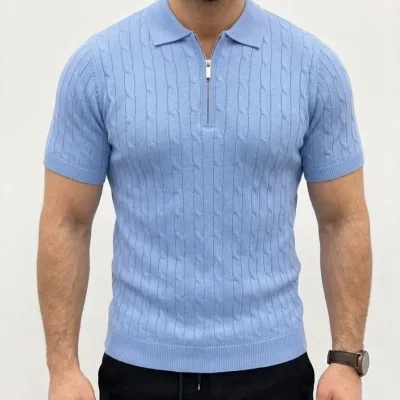 Pánské baby modré copánkový pletený krátký rukáv zip polo tričko 5