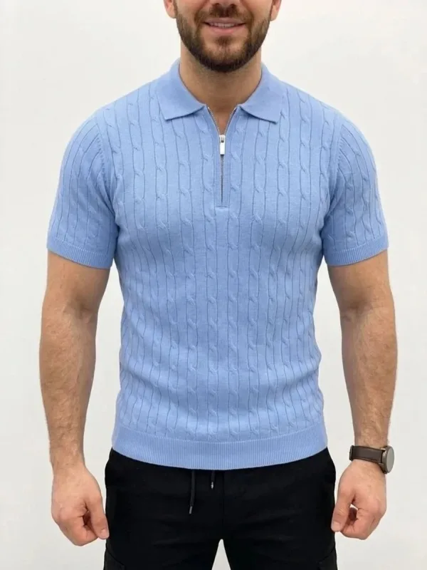 Pánské baby modré copánkový pletený krátký rukáv zip polo tričko 5