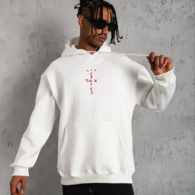 Erkek Beyaz Arka Kordon Detaylı Kapüşonlu Saçlı Sweatshirt Hoodie 1
