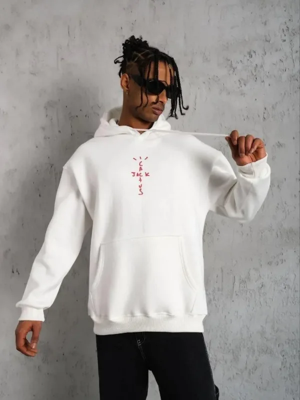 Muški bijeli stražnji detalj s uzicom s kapuljačom s kosom sweatshirt hoodie