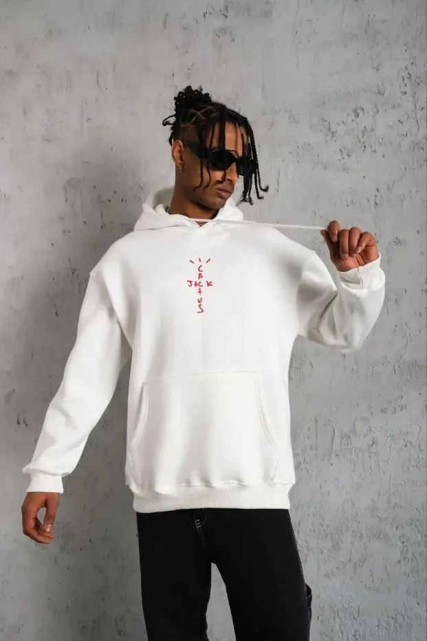 Erkek Beyaz Arka Kordon Detaylı Kapüşonlu Saçlı Sweatshirt Hoodie 1