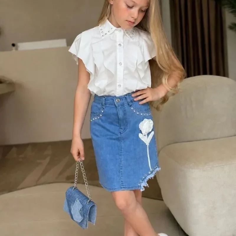 Girls' White Ruffle Detail Jean Skirt 3-Piece Set