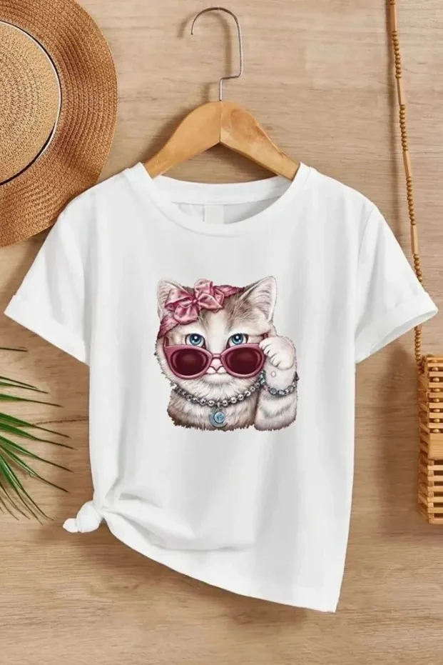 Lány Gyermek Fehér Kerékpár Nyakú Nyomott Póló 1