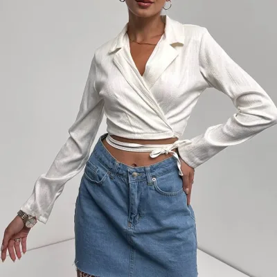 Köynək Yaka Beli Bağlamalı Crop Bluz Ağ 1