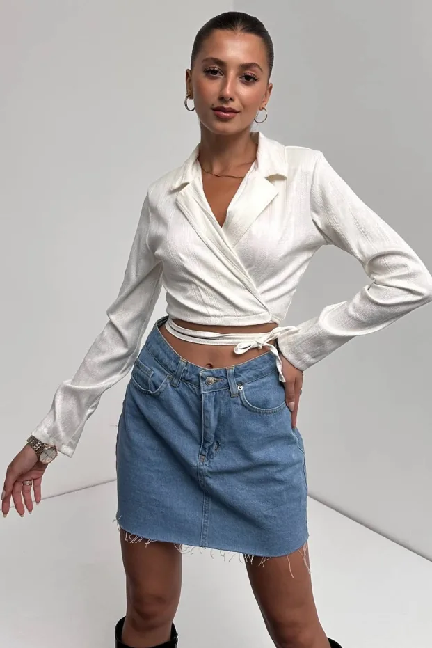 Shirt Collar Tie Waist Crop Blouse White 1