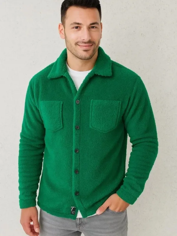 Barbat Verde Camasa Guler Butonat Pufos Polar Haină 1