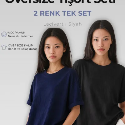 ქალის 2-ცალიანი ნეკნიანი Oversize მაისურის კომპლექტი 100% ბამბა შავი მუქი ლურჯი 1