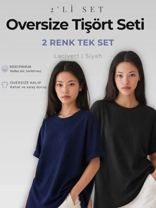 Gratë Set 2-copë Brinjë Oversize T-Shirt 100% Pambuk Zi Blu e Errët