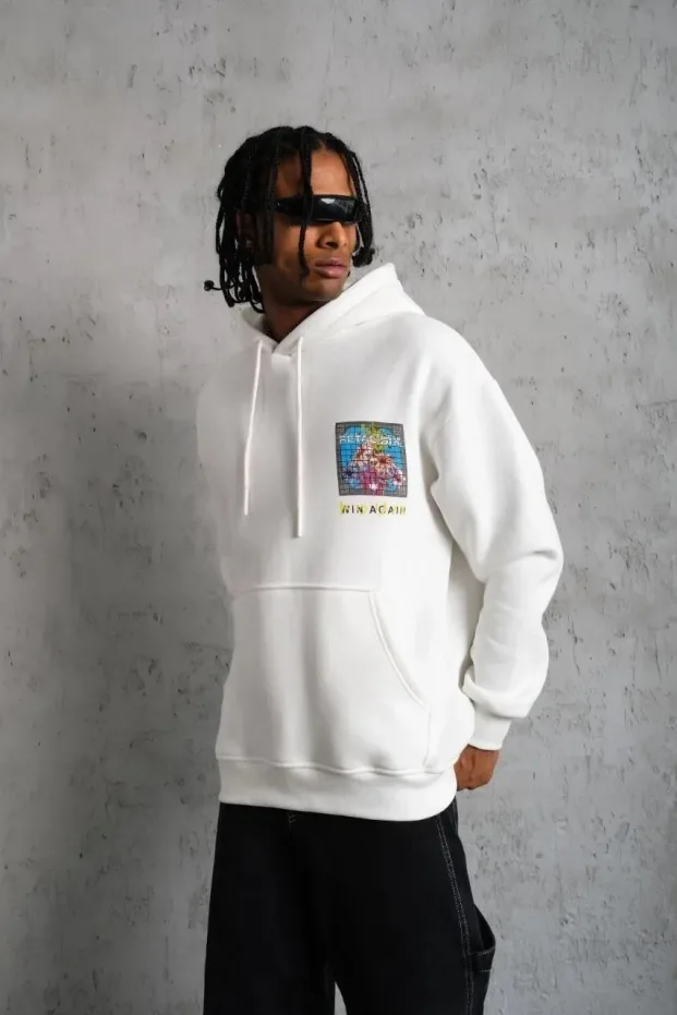 Bărbat Alb Oversize 3 Fire Bumbac Glugă Imprimat Sweatshirt 5