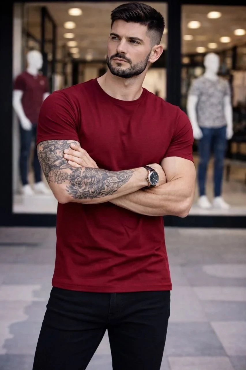 Muška bordo slim fit majica s likrom, okrugli izrez