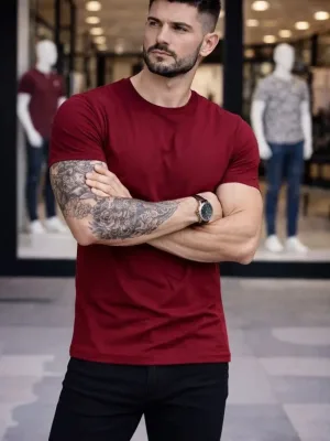 Muška bordo slim fit majica s likrom, okrugli izrez