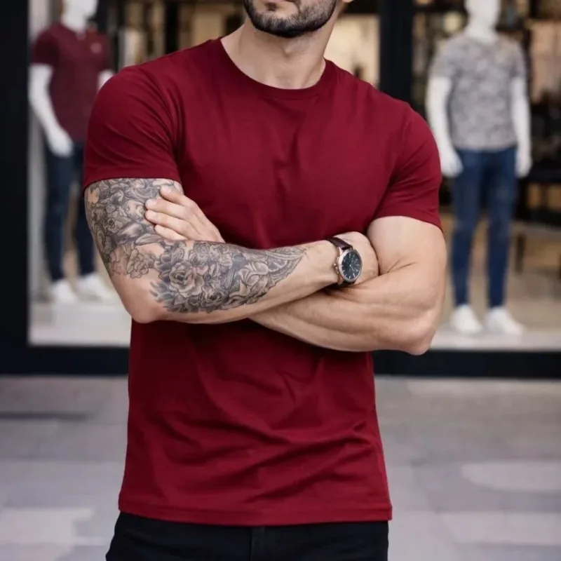 Bordó Férfi Slim Fit Kerékpárnyakú Elasztikus Body Póló