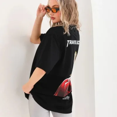 Ženski crni Oversize Bicikl izrez print Svakodnevna Majica 5