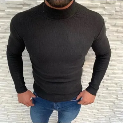 Men's Black Stretch Ribbed Turtleneck Scoop Neck Bodysuit Sweater 3