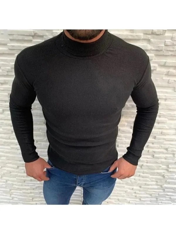 Men's Black Stretch Ribbed Turtleneck Scoop Neck Bodysuit Sweater 3