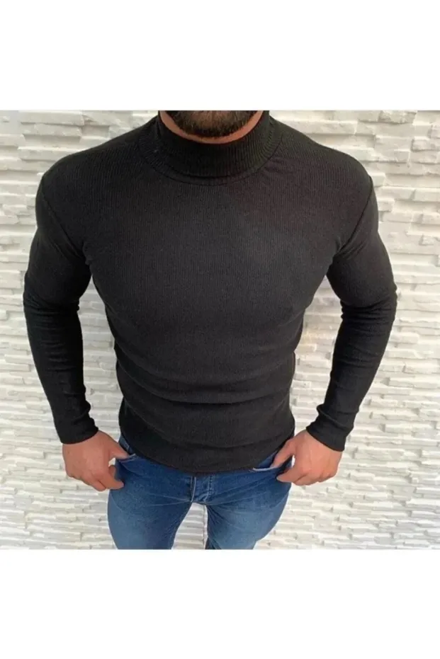 Férfi fekete elasztános bordázott garbós body pulóver 3