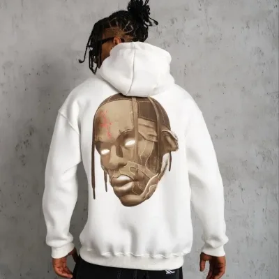 Erkek Beyaz Arka Kordon Detaylı Kapüşonlu Saçlı Sweatshirt Hoodie 2