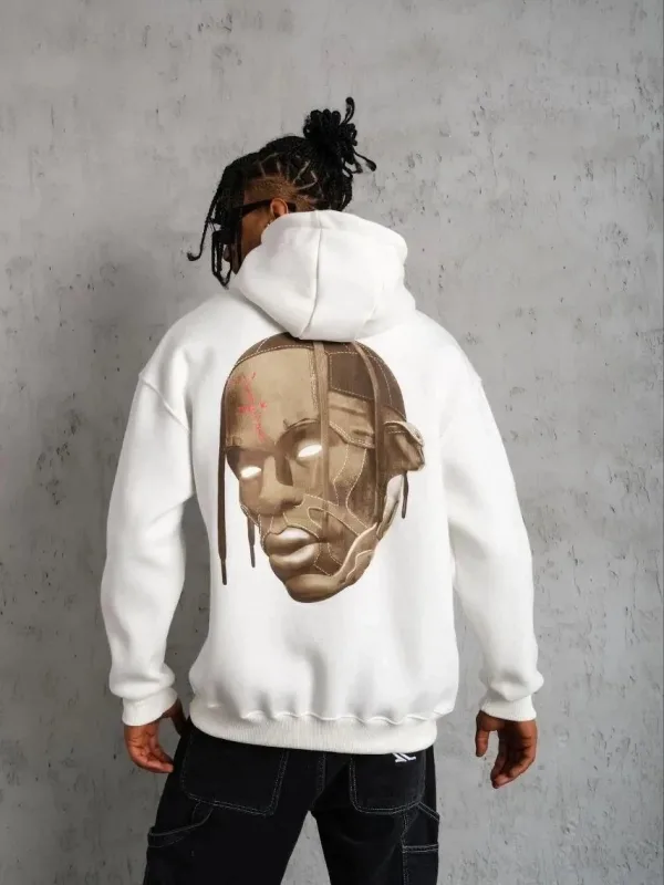 Erkek Beyaz Arka Kordon Detaylı Kapüşonlu Saçlı Sweatshirt Hoodie 2